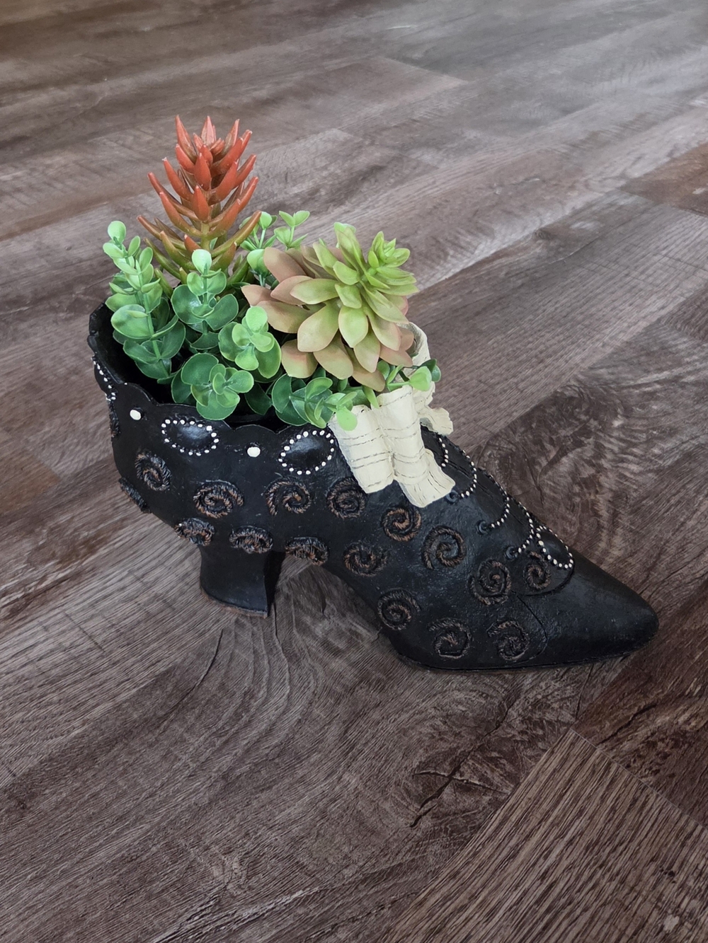 OOAK! Large Victorian Witch Boot Decor With Faux Succulent Plants